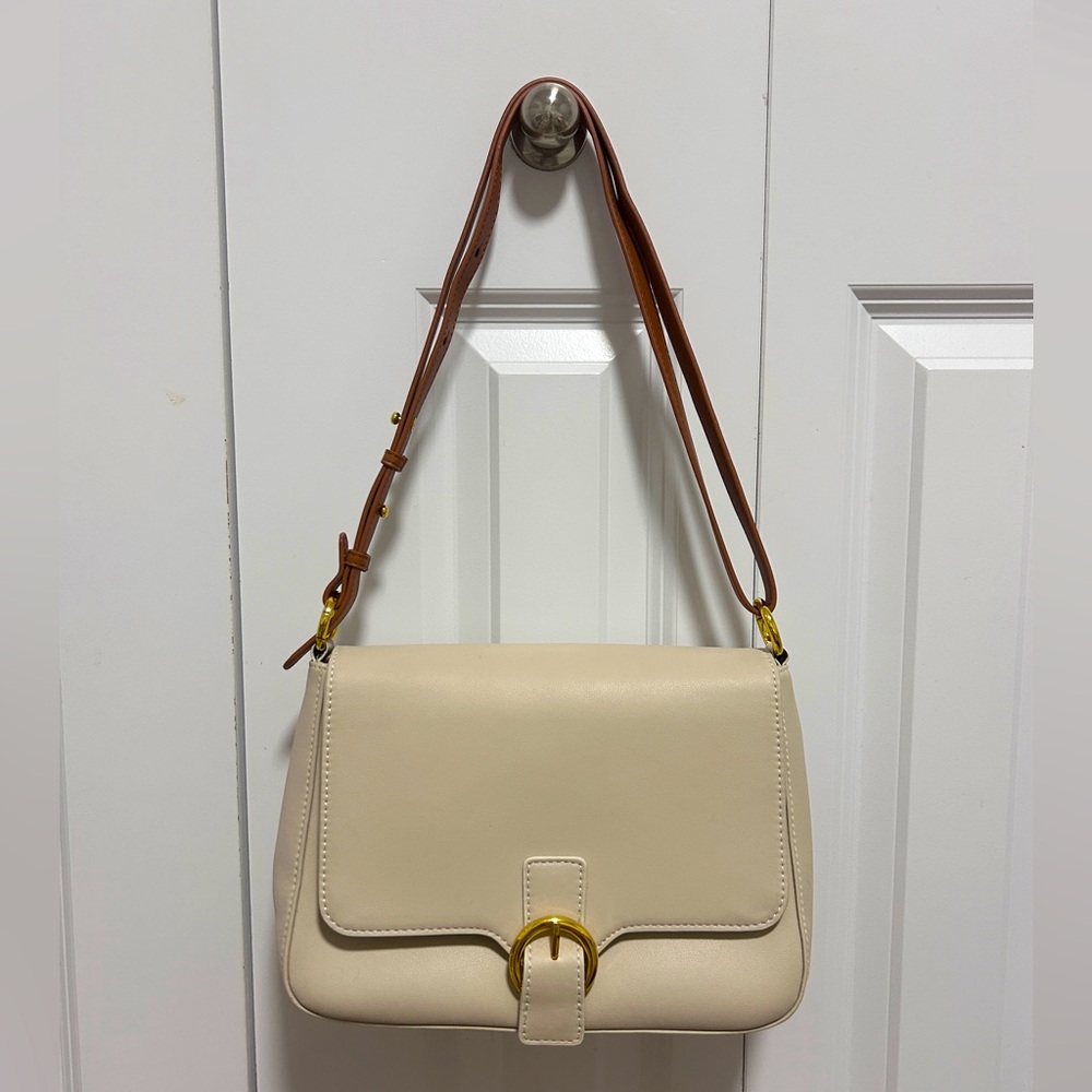 Beige Leather Messenger Bag With Adjustable Strap